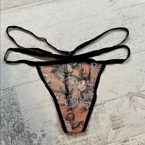 Victoria's Secret Very Sexy Black and Pink Floral Mesh V String Panties Large